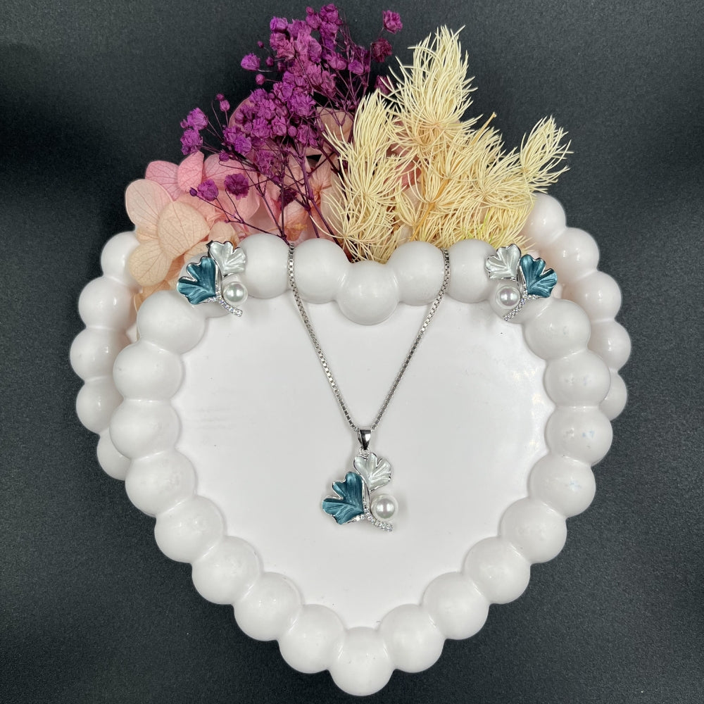 Blue Leaf Pearl Pendant Set | 925 Sterling Silver Hallmarked Necklace & Earrings