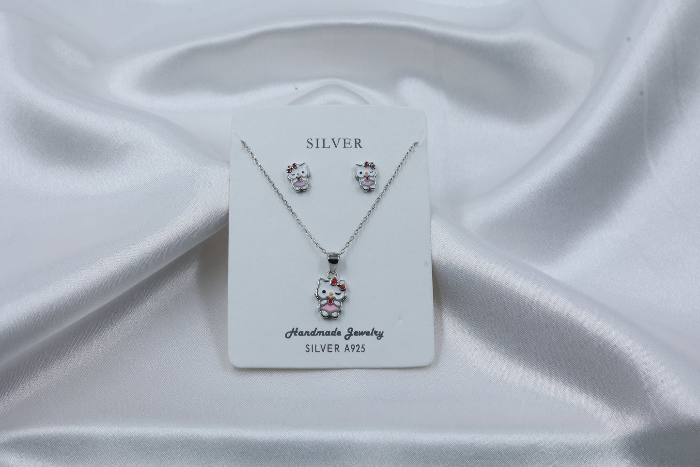 925 Silver Kids Kitty Pendant Set | Hallmarked Sterling Silver Necklace & Earrings