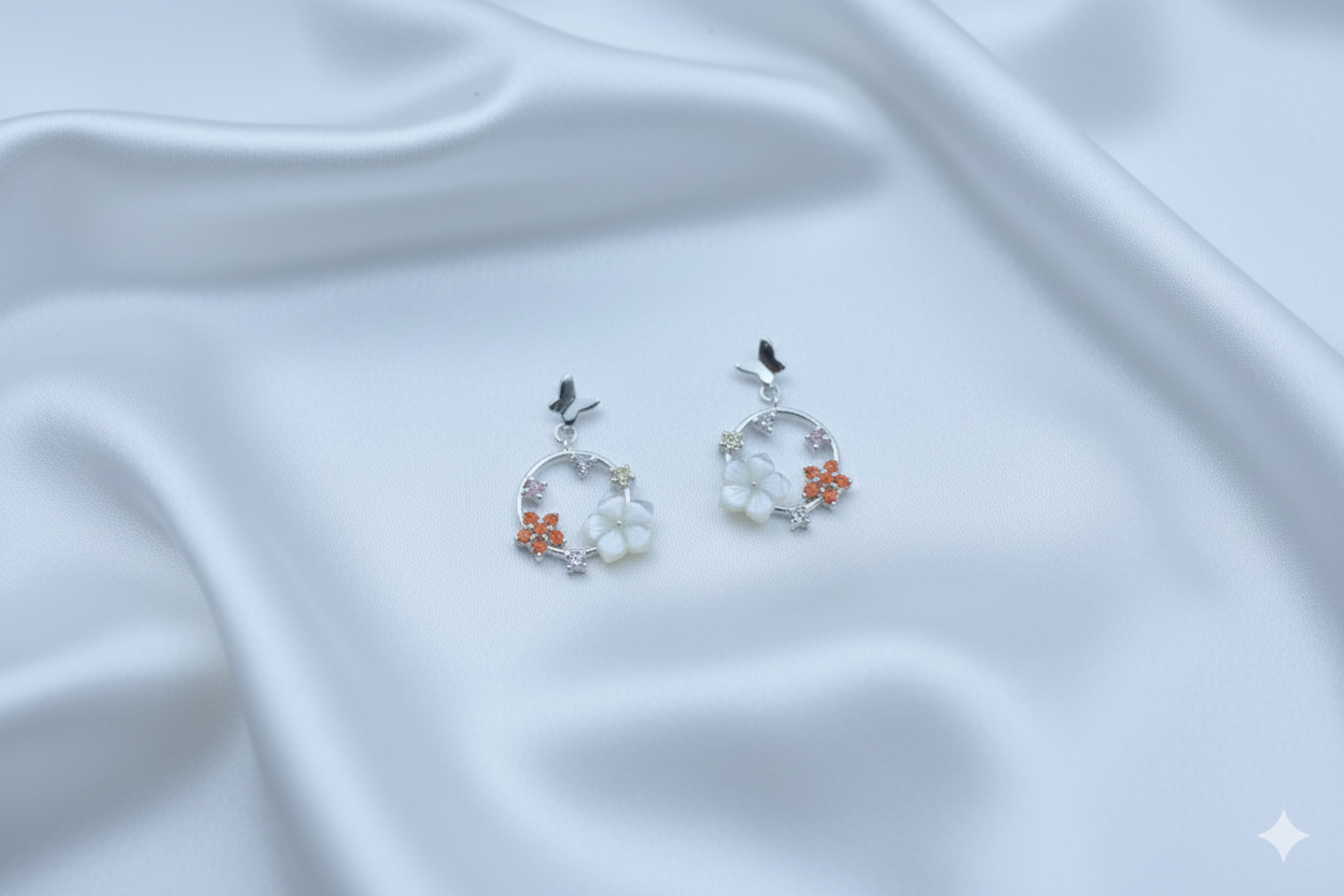 Floral Hoop Drop Earrings | 925 Silver Hallmark Jewellery