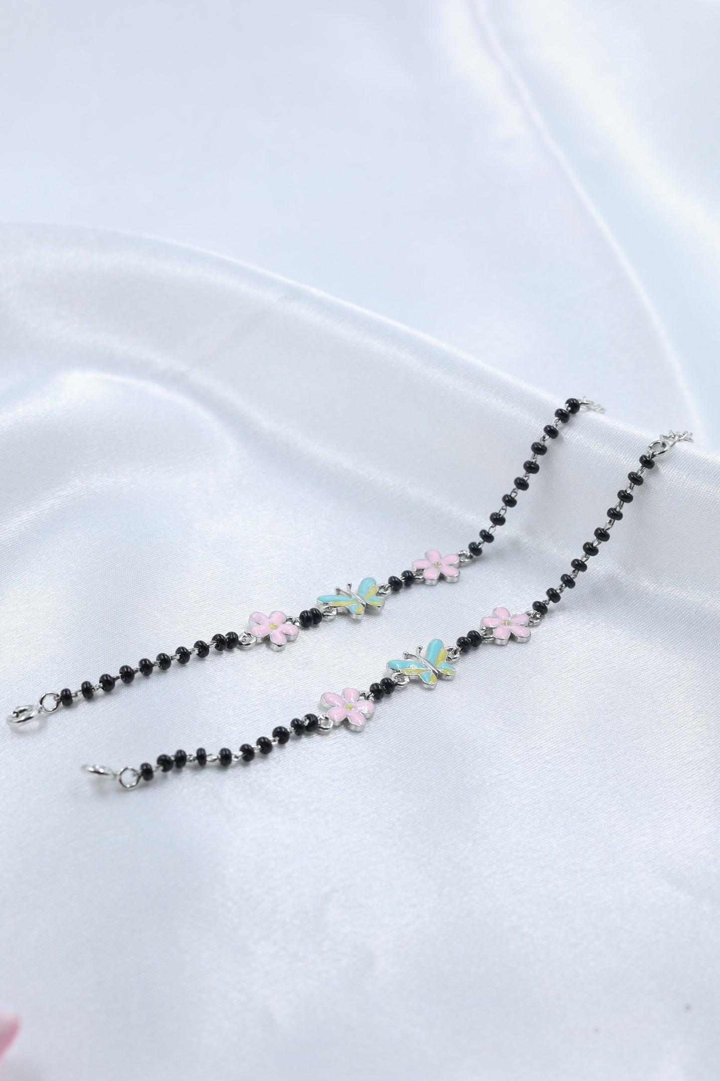 Kids Black Bead Silver Bracelet with Flower & Butterfly Enamel Charms|925 Hallmarked Sterling Silver