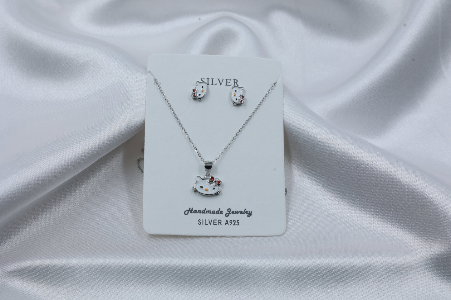925 Silver Kids Cat Pendant Set | Hallmarked Sterling Silver Necklace & Earrings