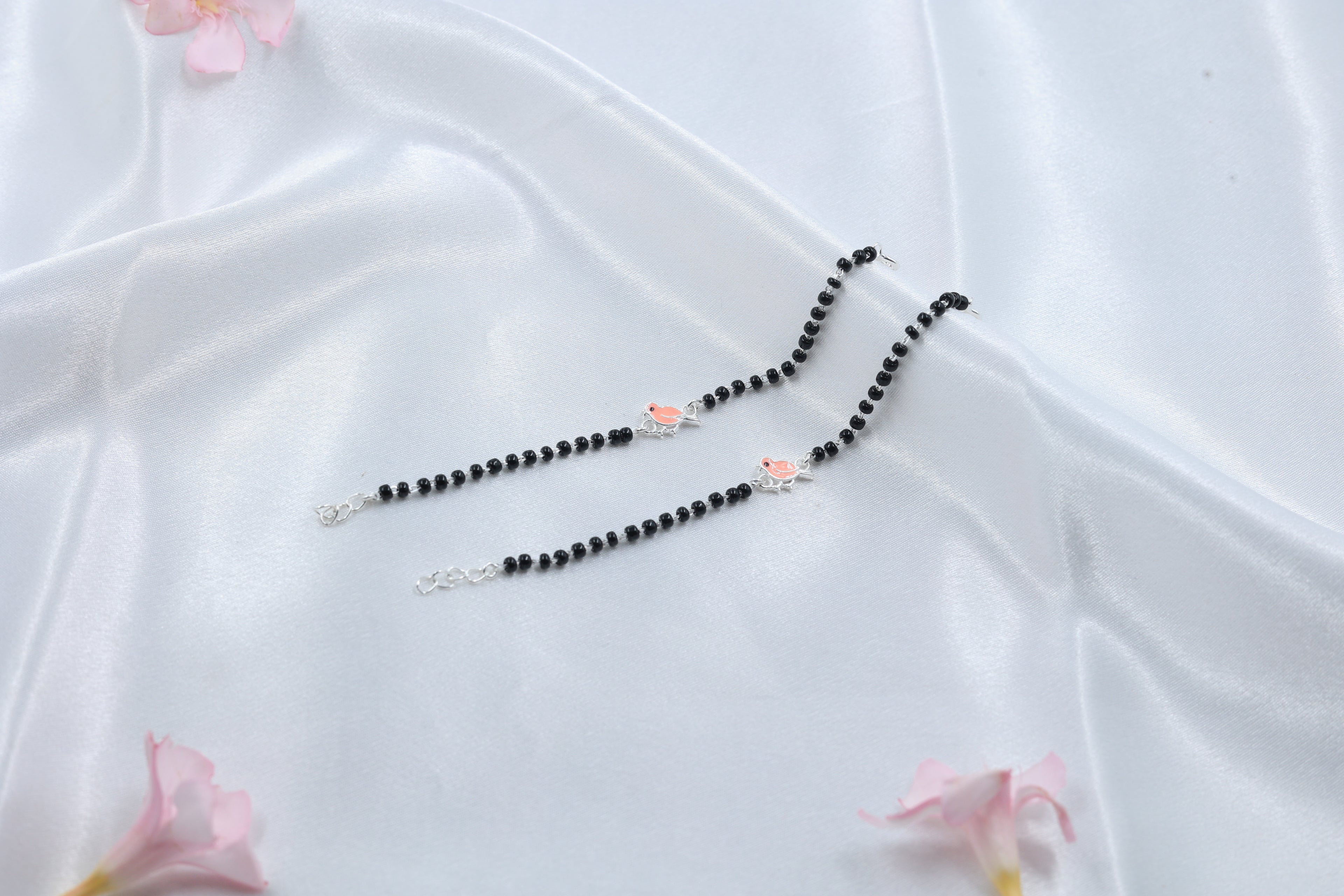 Cute Bird Kids Bracelet | 925 Hallmarked Silver Black Beads Bracelet