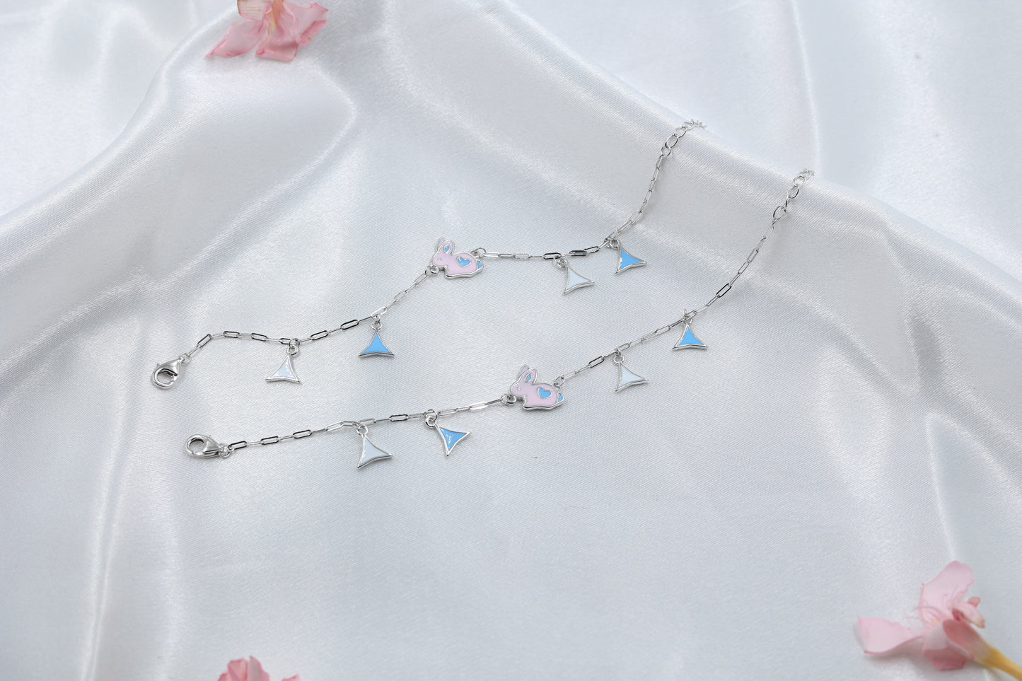 Kids Pink Bunny Charm Silver Anklet | 925 Hallmarked Sterling Silver