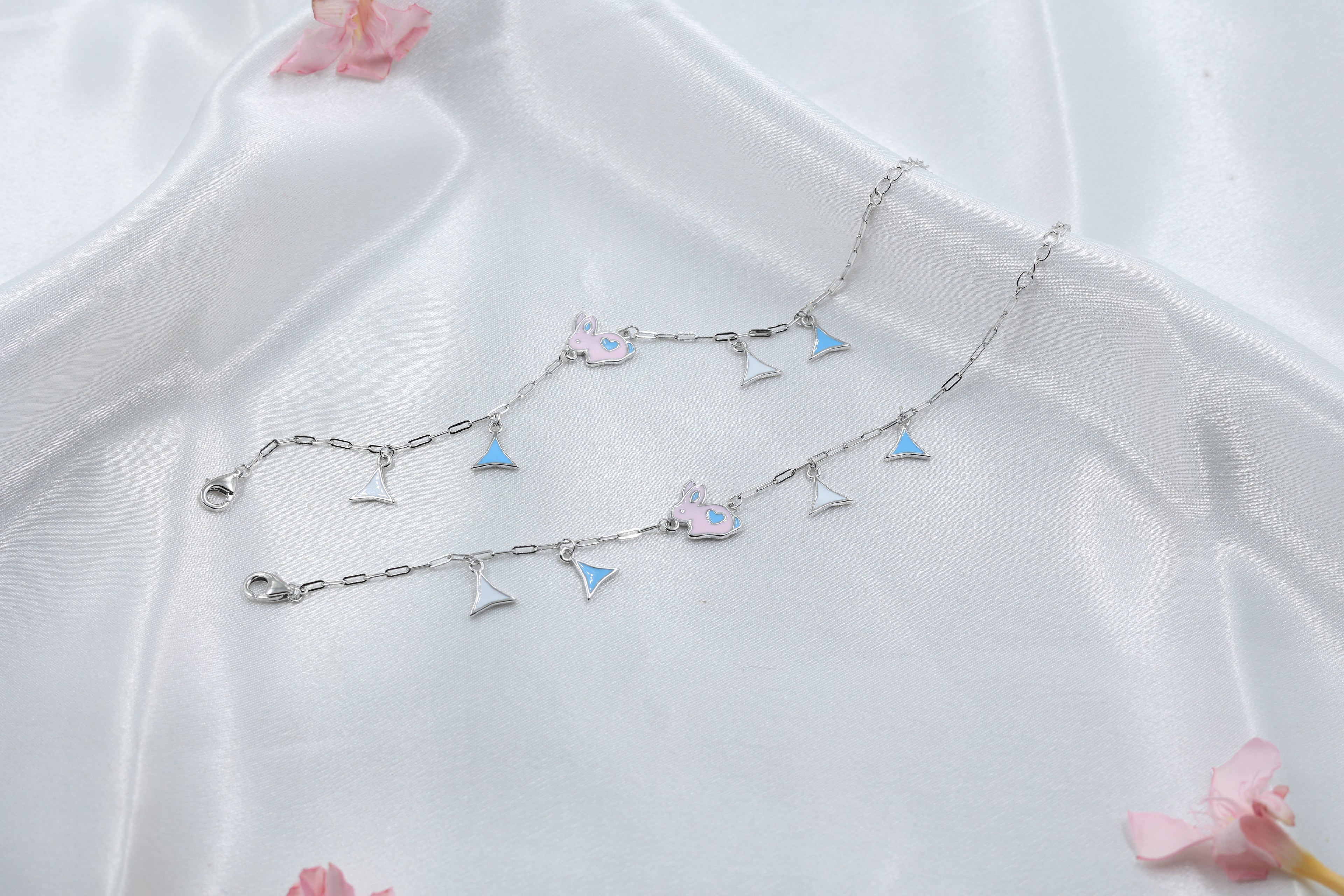 Kids Pink Bunny Charm Silver Anklet | 925 Hallmarked Sterling Silver