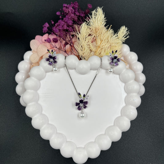 Purple Floral Pearl Pendant Set | 925 Sterling Silver Hallmarked Necklace & Earings