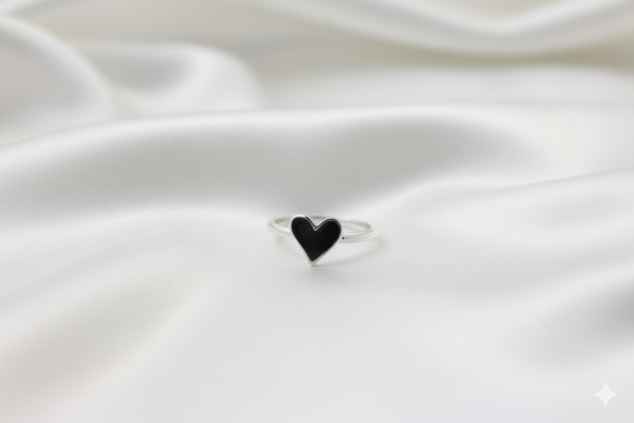 Black Heart Adjustable Ring | 925 Silver Hallmark Jewellery
