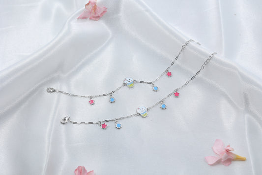 Kids Cupcake Charm Silver Anklet | 925 Hallmarked Sterling Silver