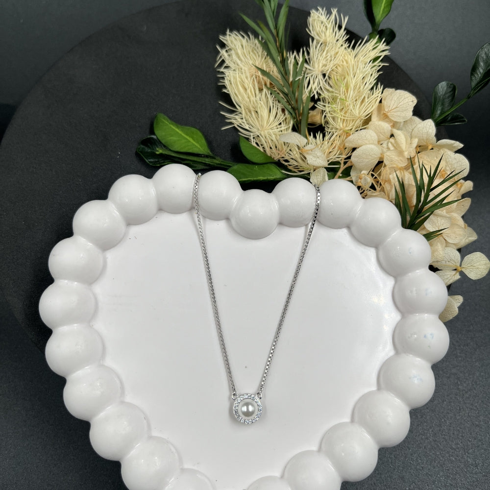 Classic Pearl Halo Pendant Necklace | 925 Hallmarked Silver