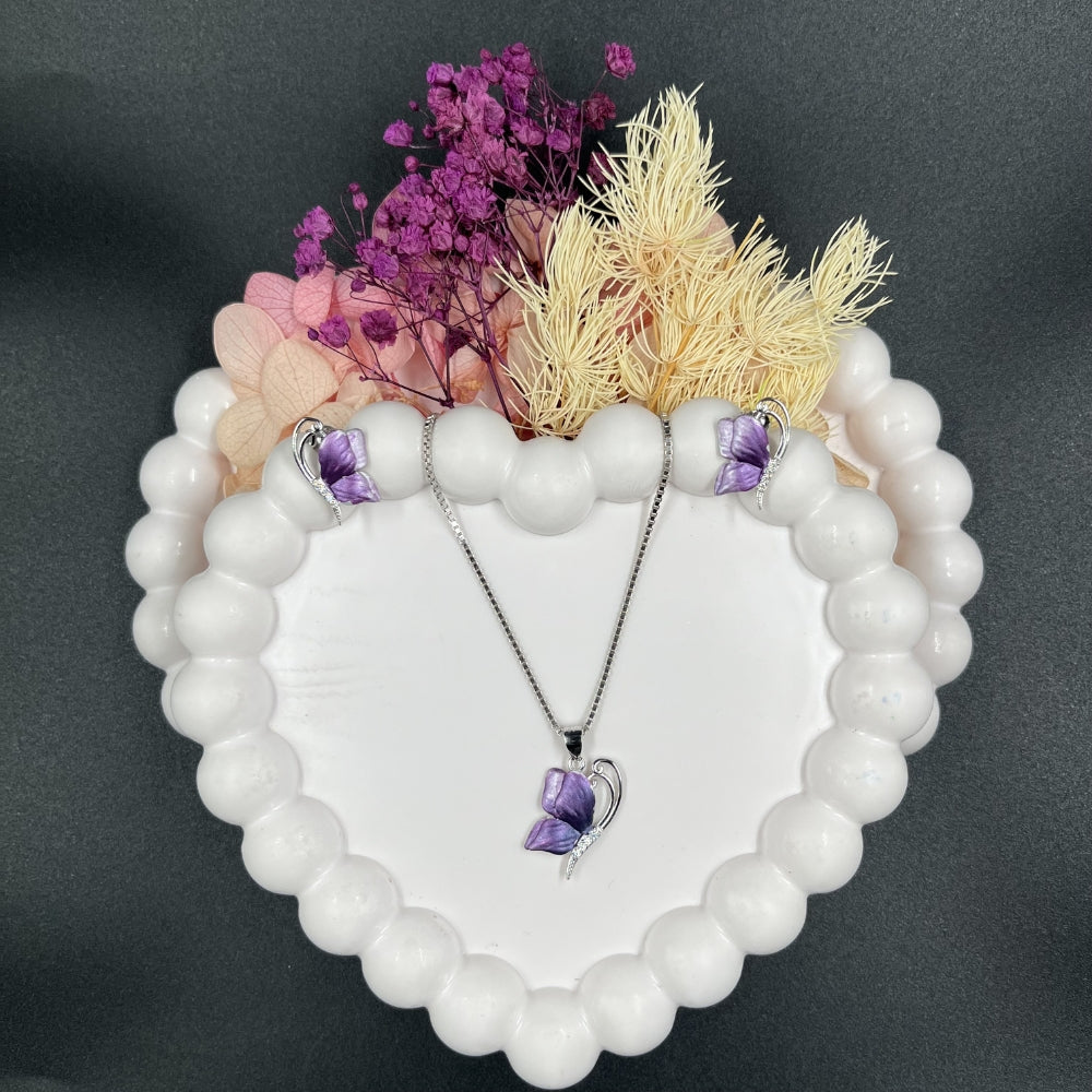 Purple Butterfly Pendant Set | 925 Sterling Silver Hallmarked Necklace & Earrings