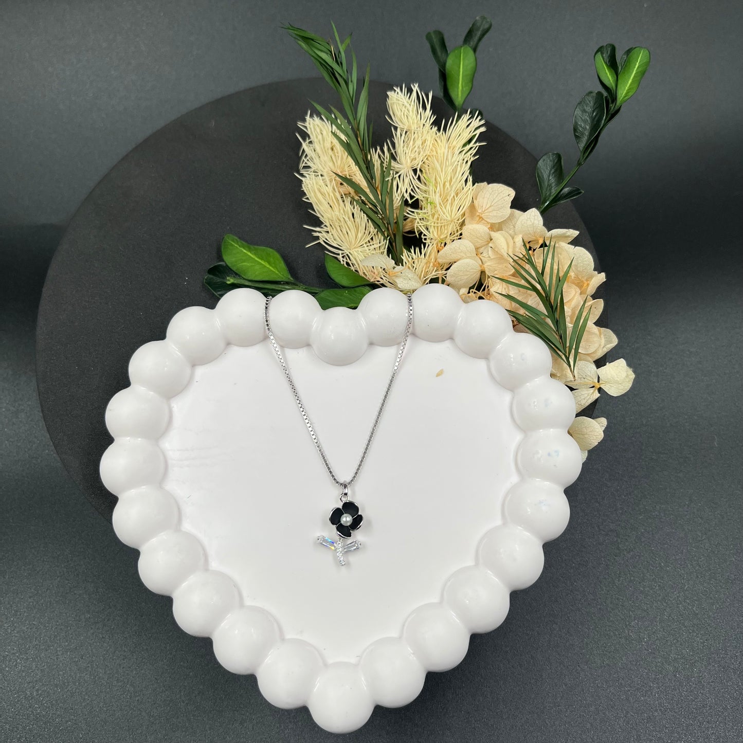 Black Flower Pendant | 925 Sterling Silver Hallmark Necklace