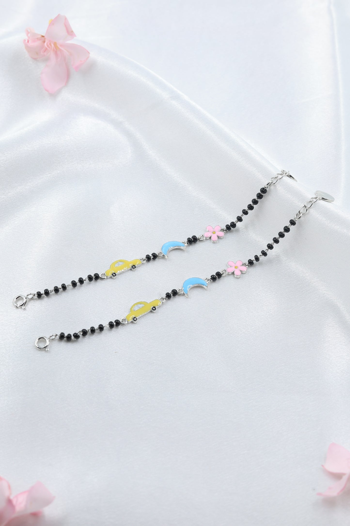 Kids Black Bead Silver Bracelet with Colorful Enamel Charms| 925 Hallmarked Sterling Silver