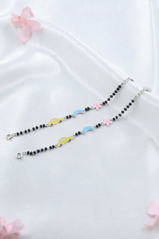 Kids Black Bead Silver Bracelet with Colorful Enamel Charms| 925 Hallmarked Sterling Silver