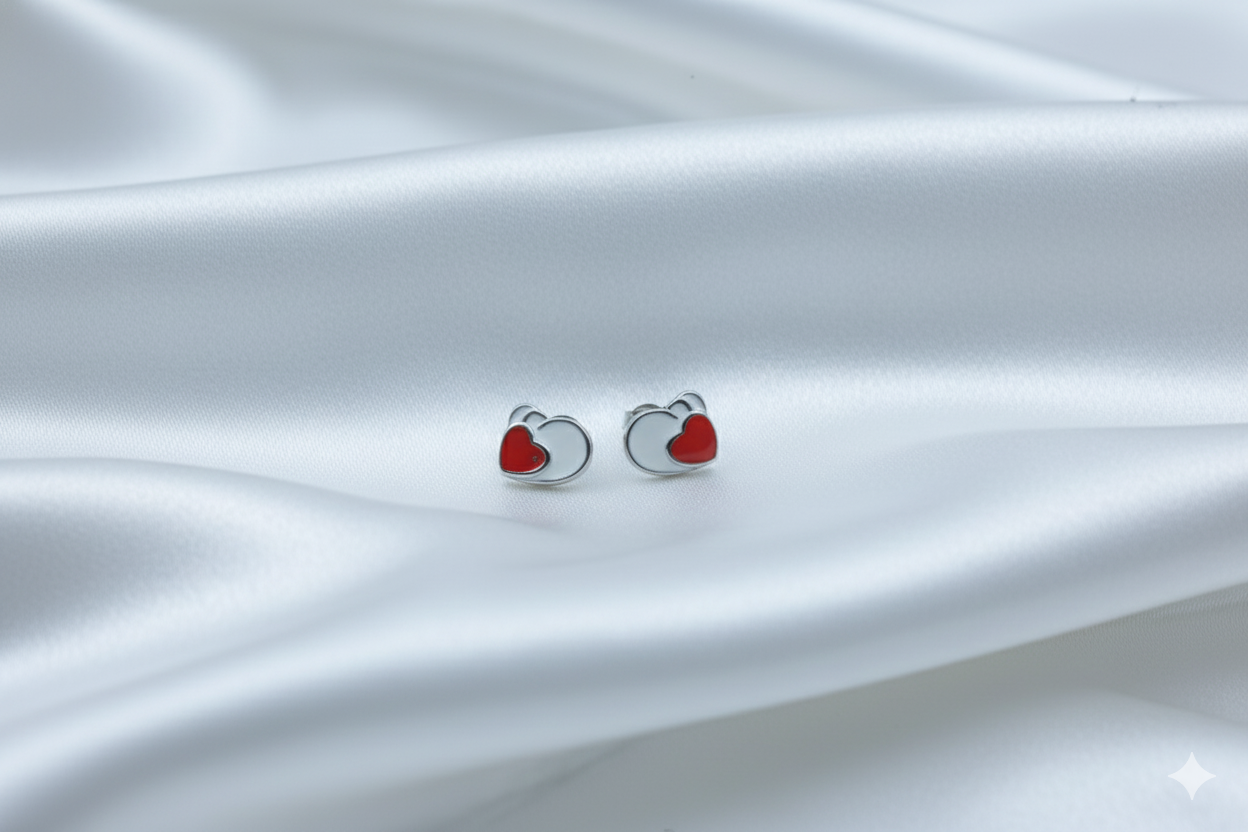 Red Heart Silver Stud Earrings | 925 Silver Hallmark Jewellery