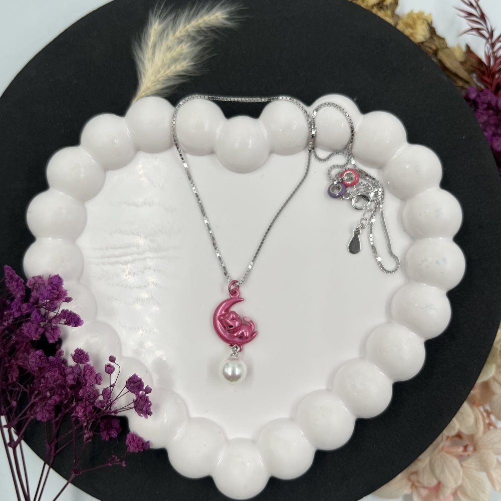 Moon Cat Pearl Pendant Necklace | 925 Hallmarked Silver Chain