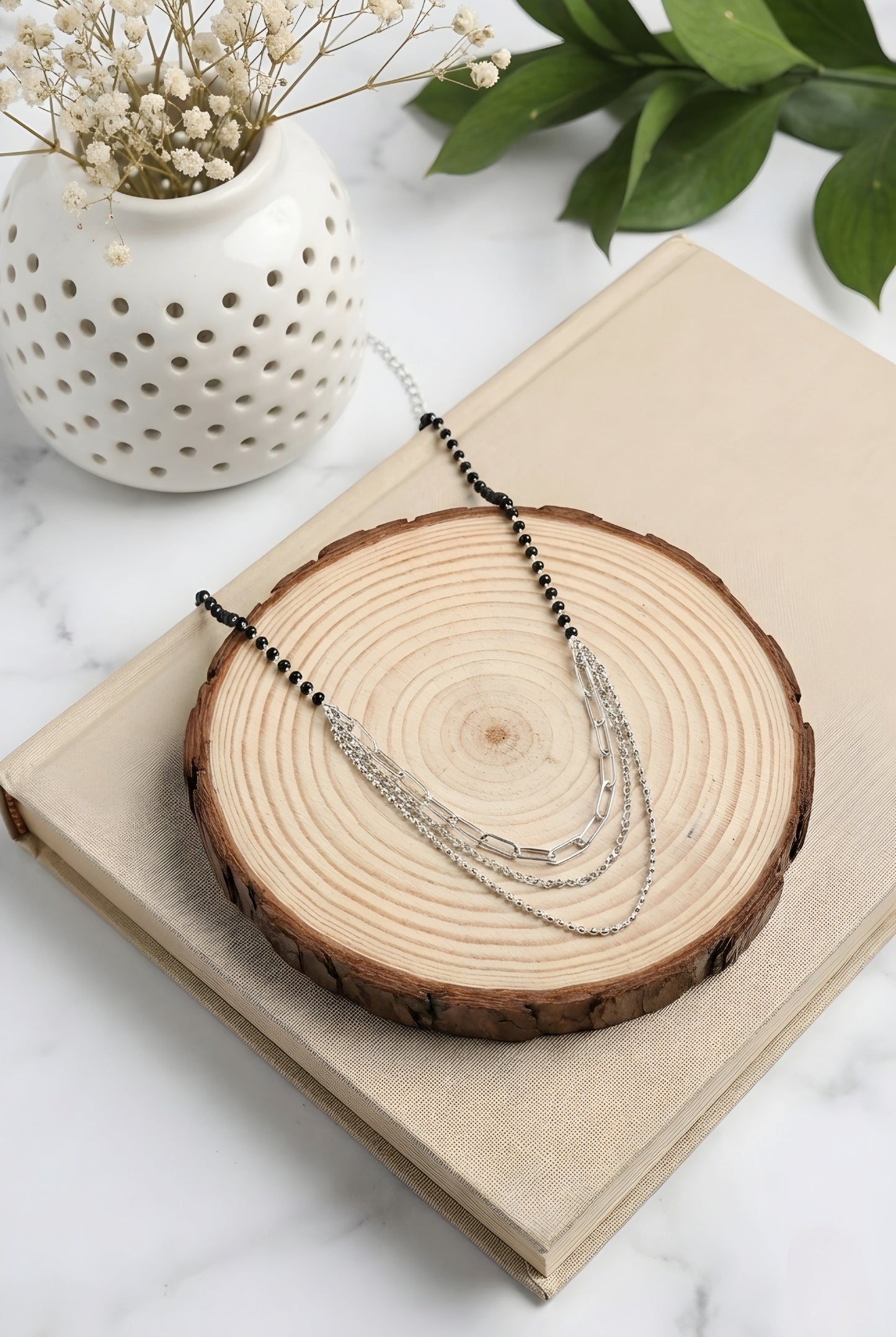 Layered Black Bead Silver Necklace with Triple Chain |925 Hallmarked Sterling Silver