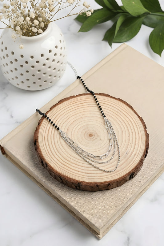 Layered Black Bead Silver Necklace with Triple Chain |925 Hallmarked Sterling Silver