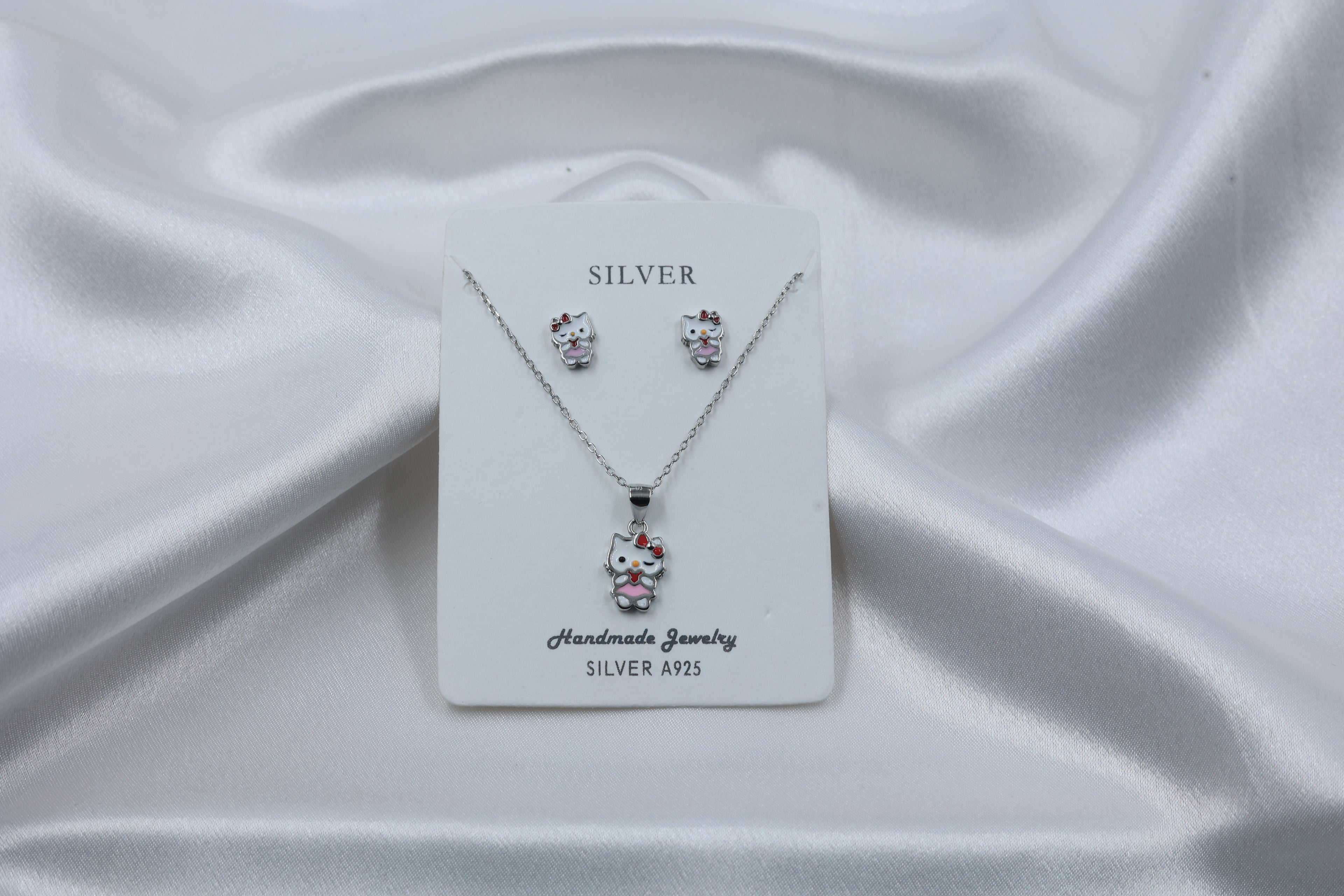 925 Silver Kids Kitty Pendant Set | Hallmarked Sterling Silver Necklace & Earrings