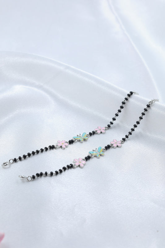 Kids Black Bead Silver Bracelet with Flower & Butterfly Enamel Charms|925 Hallmarked Sterling Silver