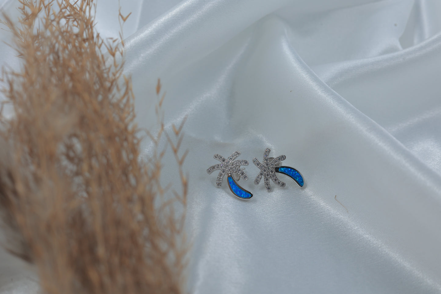 Blue Opal Palm Stud Earrings | Tropical Design | 925 Sterling Silver