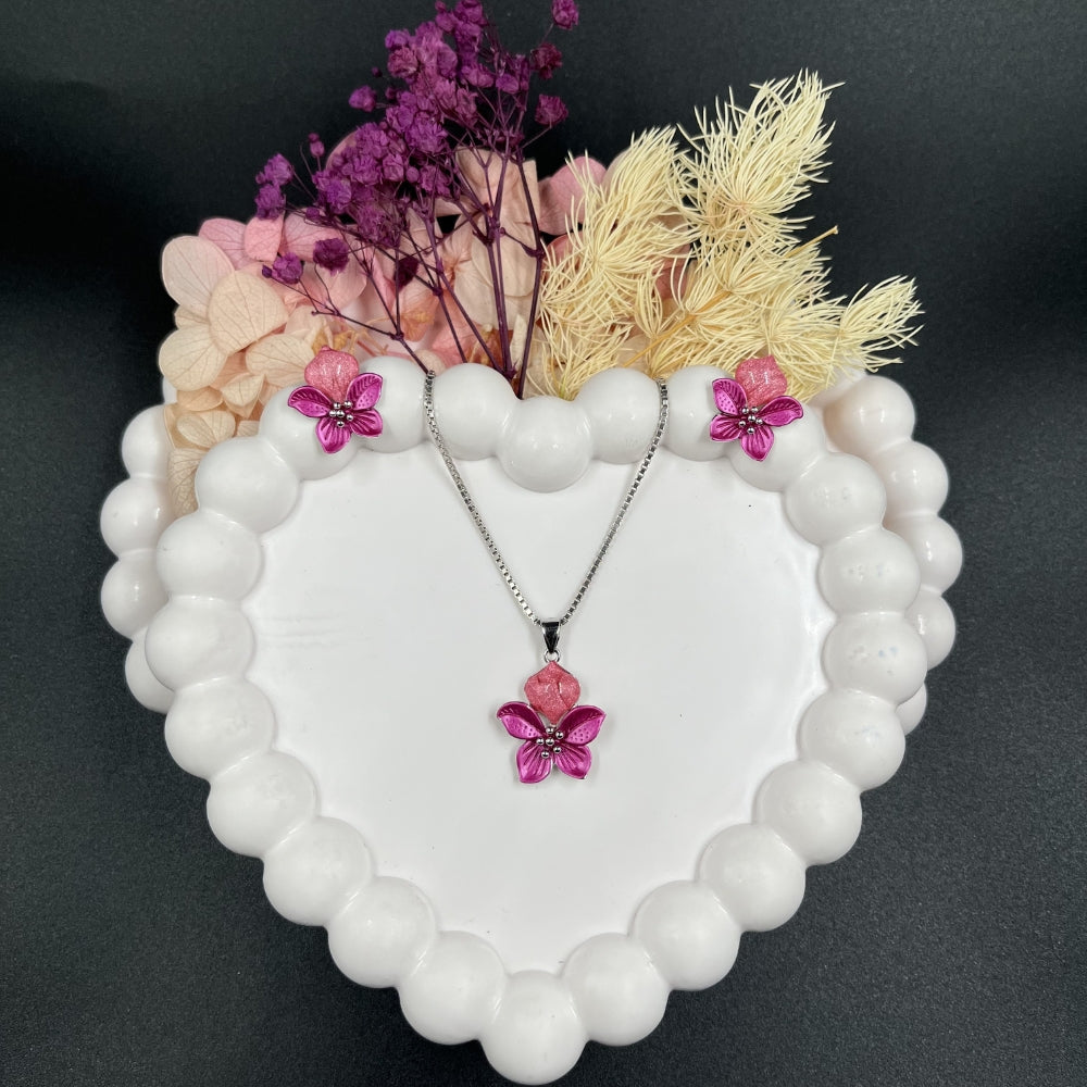 Pink Blossom Flower Pendant Set | 925 Sterling Silver Hallmarked Necklace & Earrings