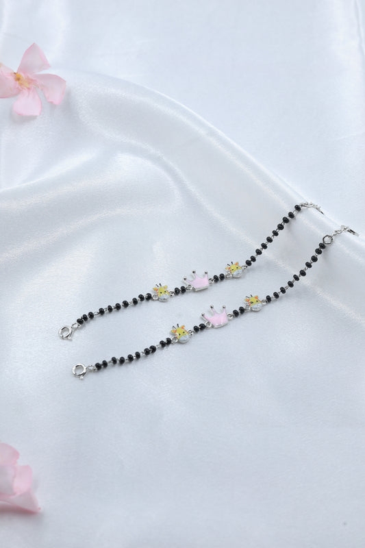 Kids Black Bead Silver Bracelet with Crown & Cute Character Enamel Charms | 925 Hallmarked Sterling Silver