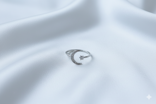 Moon & Star Adjustable Ring | 925 Silver Hallmark Jewellery