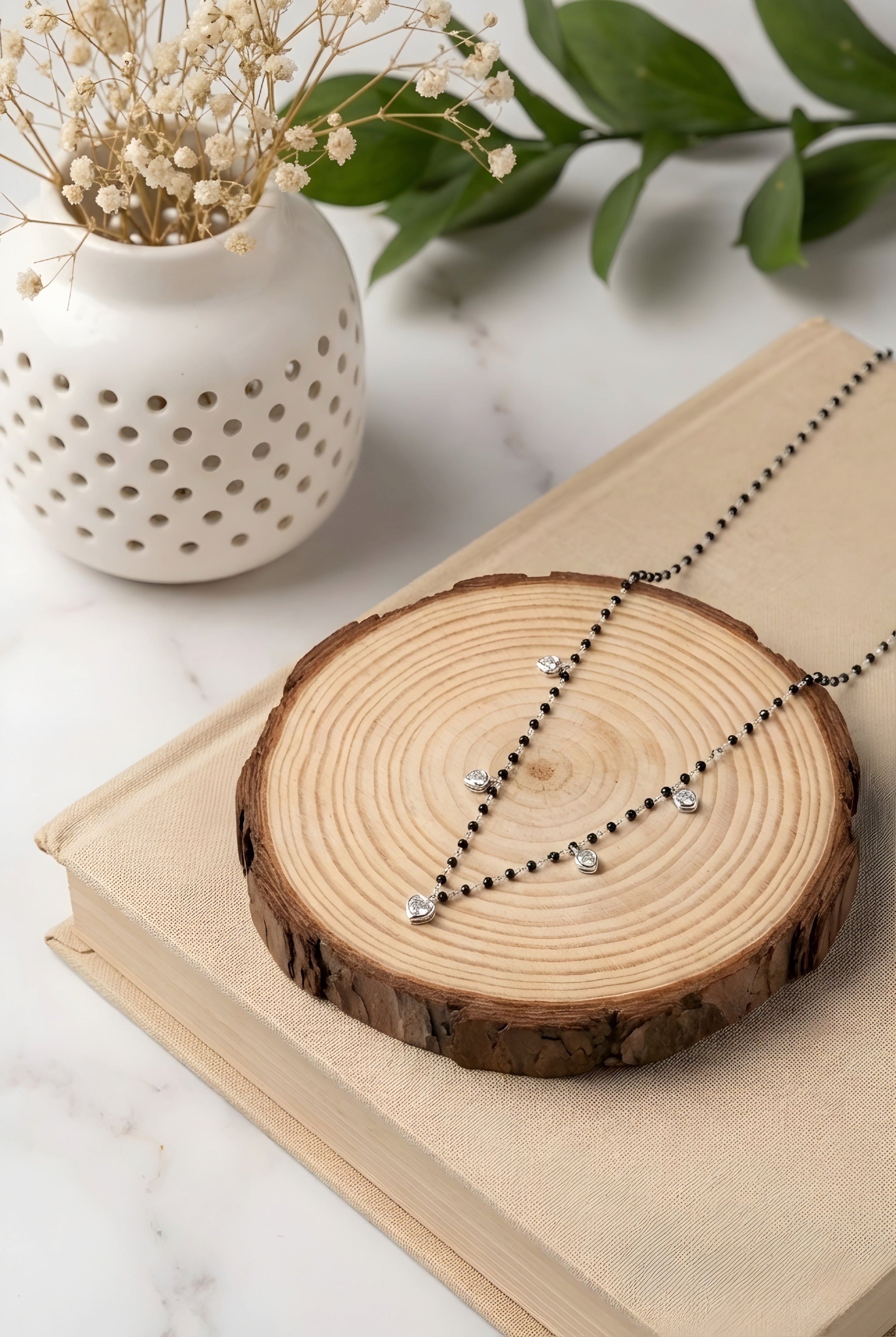 Heart Drop Black Bead Silver Necklace| 925 Hallmarked Sterling Silver