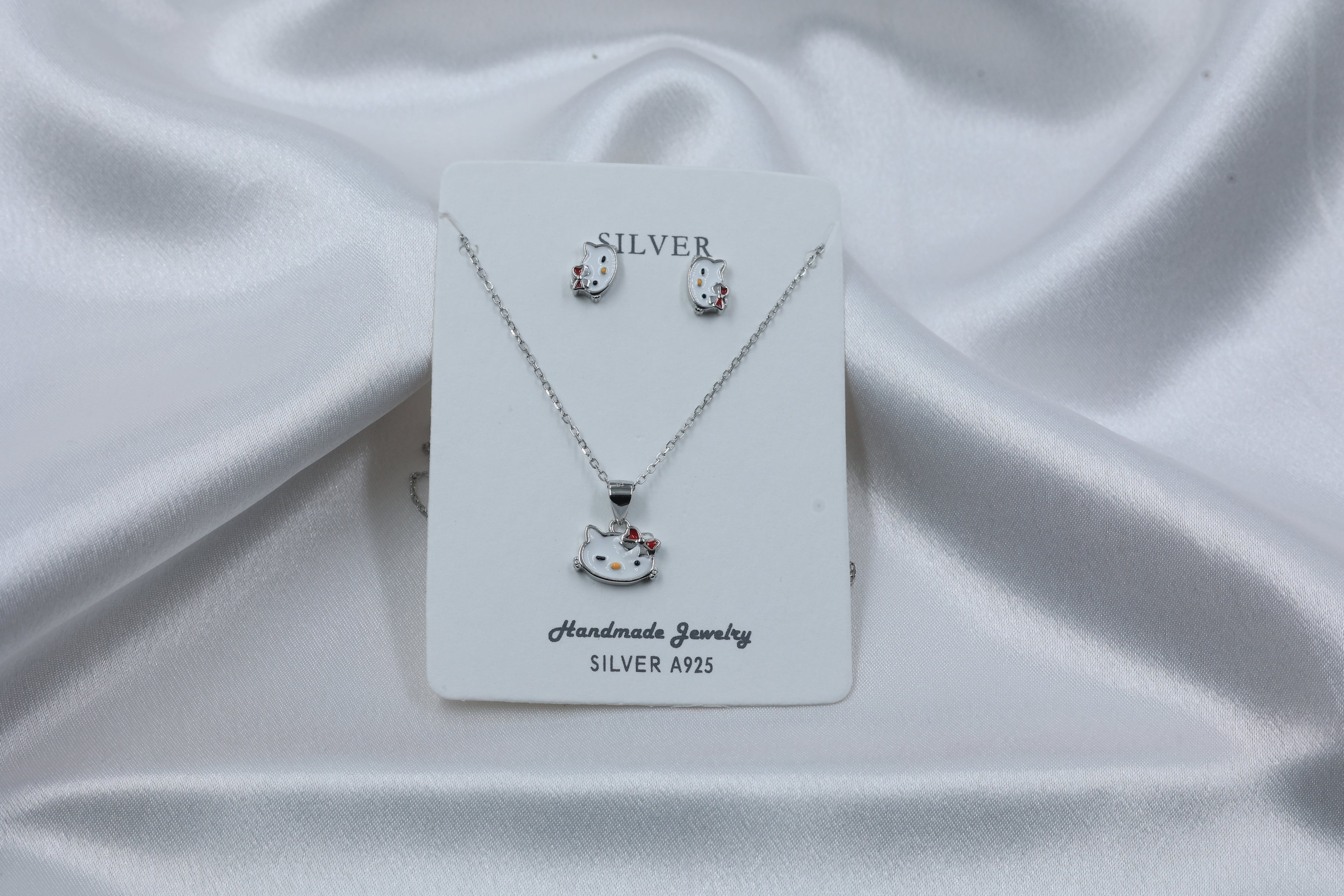925 Silver Kids Cat Pendant Set | Hallmarked Sterling Silver Necklace & Earrings