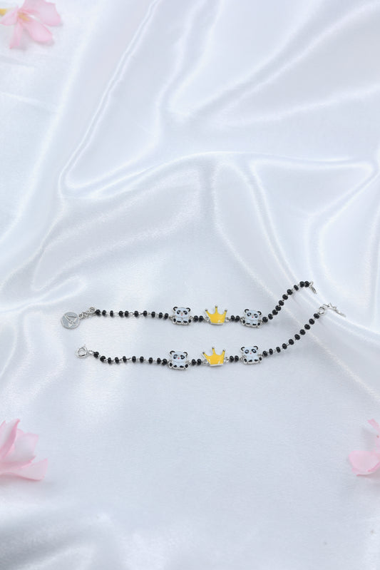 Kids Black Bead Silver Bracelet with Panda & Crown Enamel Charms | 925 Hallmarked Sterling Silver