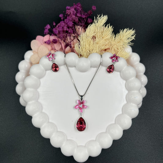 Pink Crystal Flower Pendant Set | 925 Sterling Silver Hallmarked Necklace & Earrings